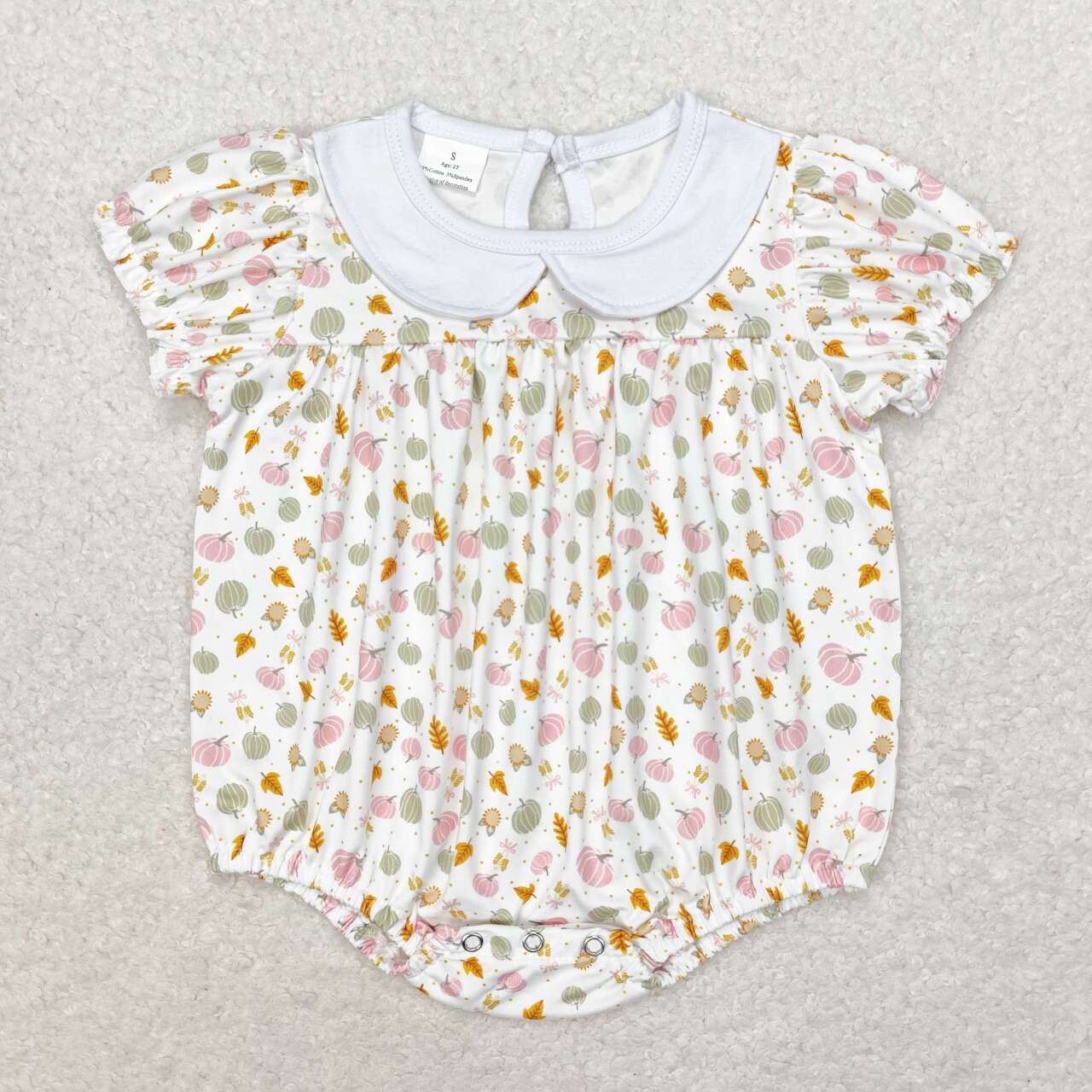 SR1699 Pumpkin Leaf Print Baby Girls Fall Romper