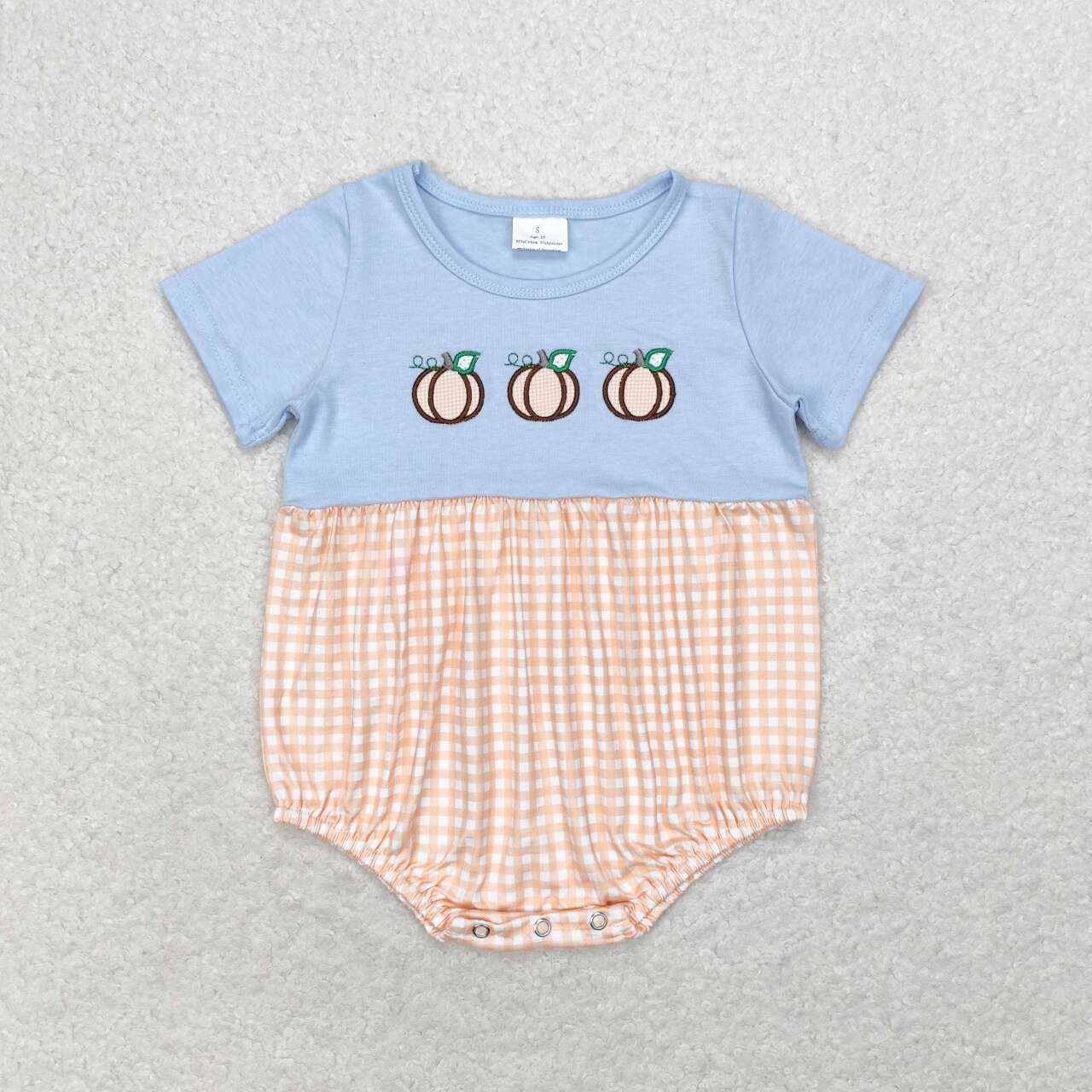 SR1711 Pumpkin Embroidery Orange Plaid Print Baby Boys Fall Romper