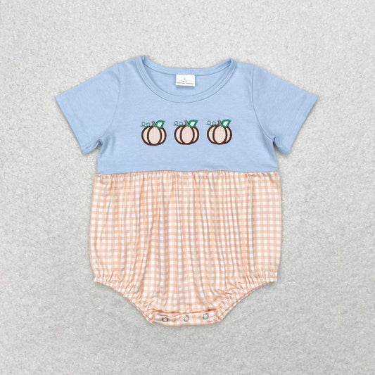 SR1711  Pumpkin Embroidery Orange Plaid Print Baby Boys Fall Romper