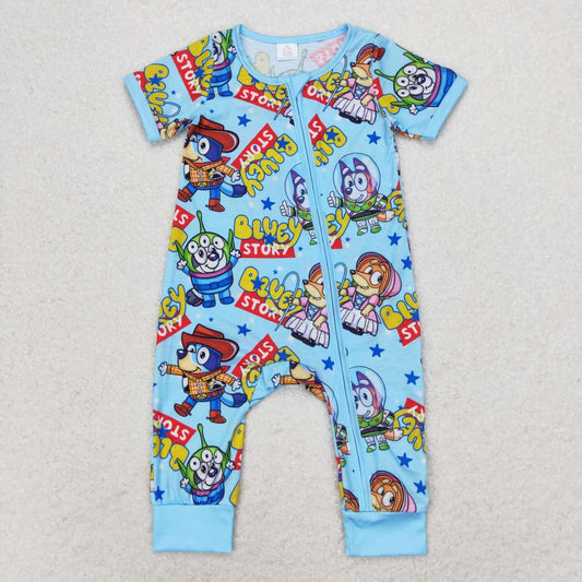 SR1723  Cartoon Dog Cowboy Print Baby Summer Bamboo Zipper Romper