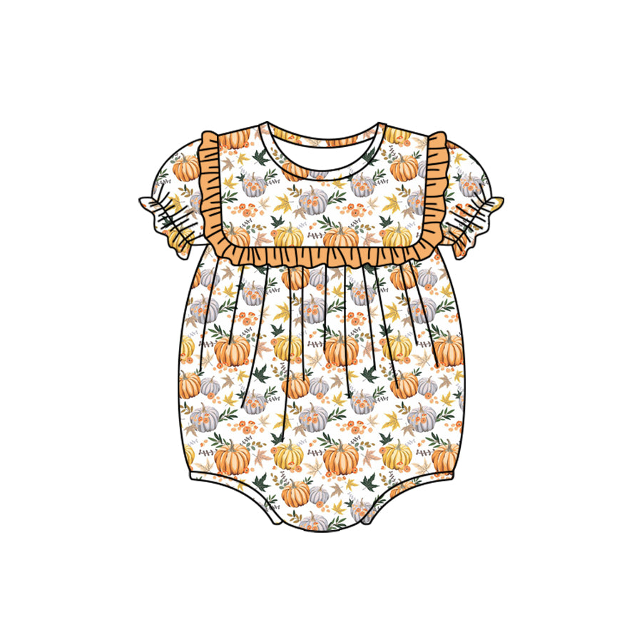 (Pre-order)SR1750 Pumpkin Print Baby Girls Fall Romper