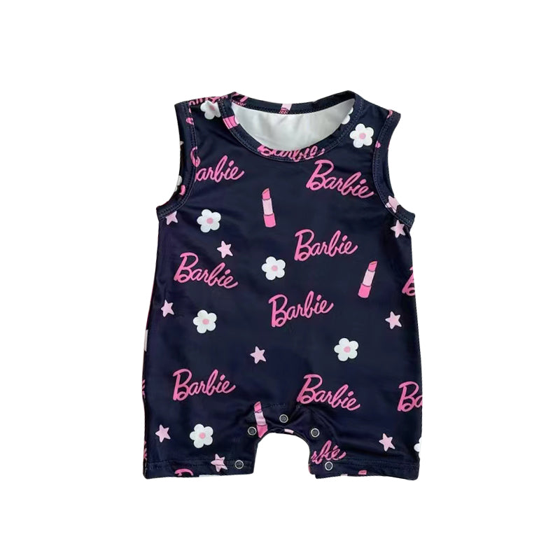 (Pre-order)SR1759 Pink BA Flowers Black Print Baby Girls Summer Romper