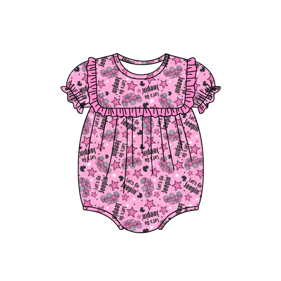 (Pre-order)SR1763 Let's Go Jeepin' Pink Print Baby Girls Summer Romper