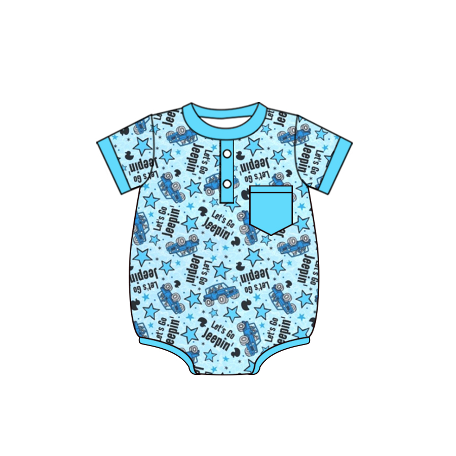 (Pre-order)SR1764 Let's Go Jeepin' Blue Print Baby Boys Summer Romper