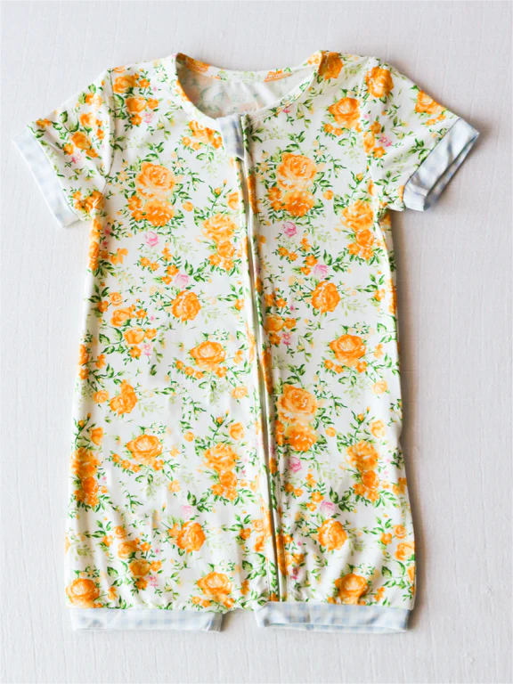 (Pre-order)SR1766 Mustard Flowers Print Baby Girls Summer Zipper Romper