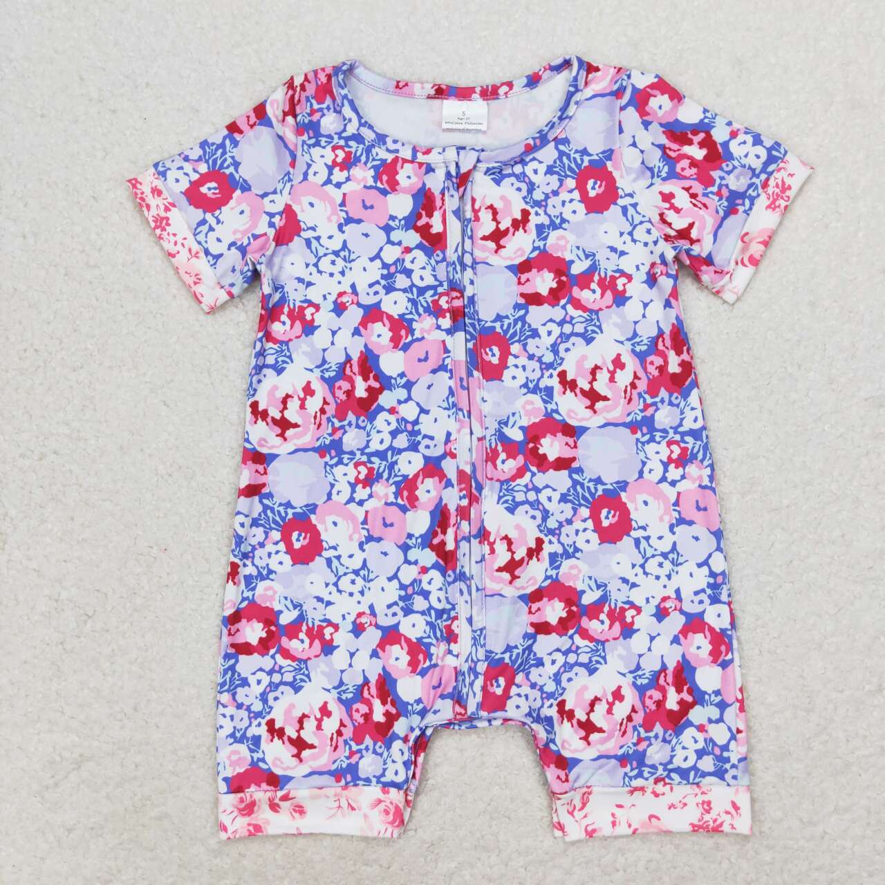 SR1767 Purple Flowers Print Baby Girls Summer Zipper Romper