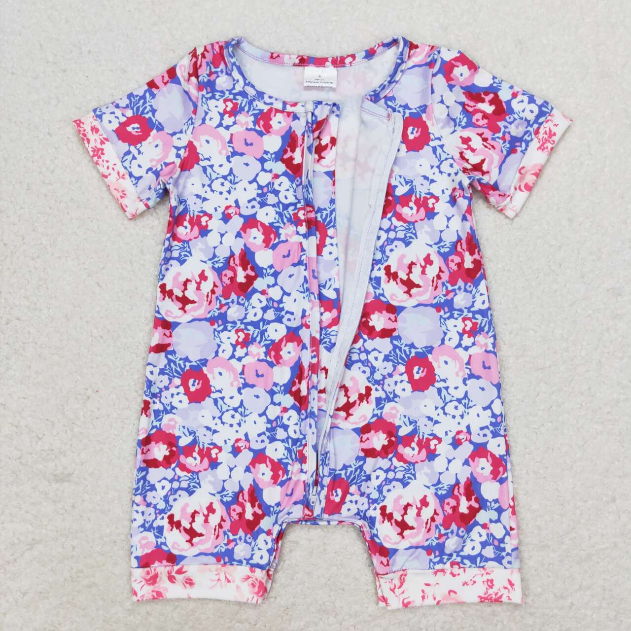 SR1767 Purple Flowers Print Baby Girls Summer Zipper Romper