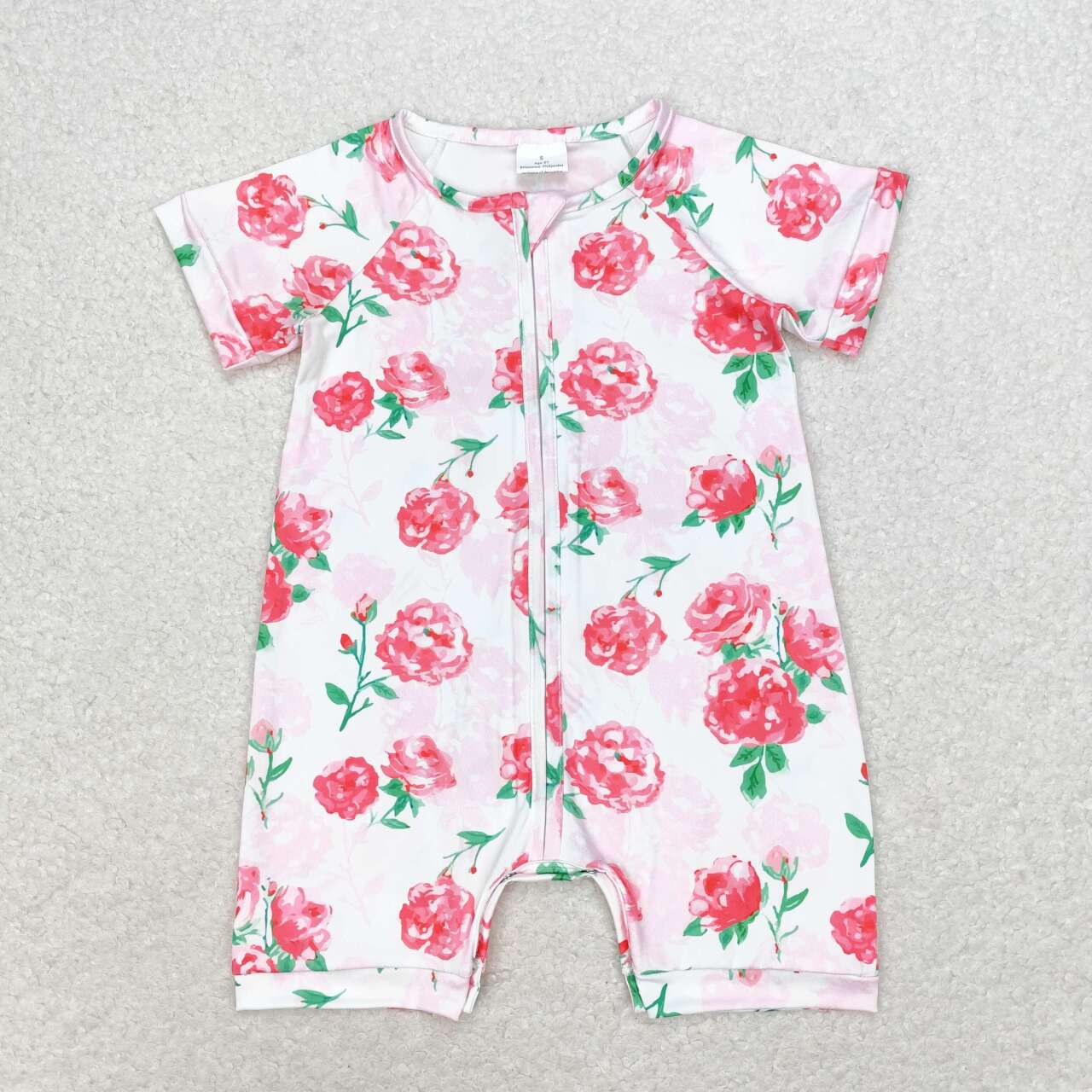 SR1768 Pink Flowers Print Baby Girls Summer Zipper Romper