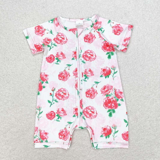 SR1768  Pink Flowers Print Baby Girls Summer Zipper Romper