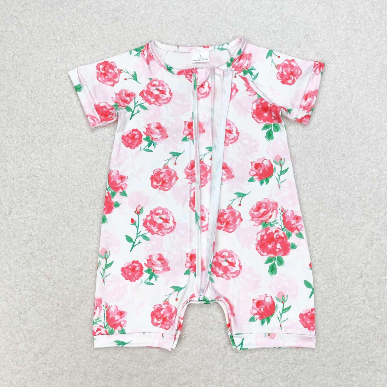 SR1768 Pink Flowers Print Baby Girls Summer Zipper Romper