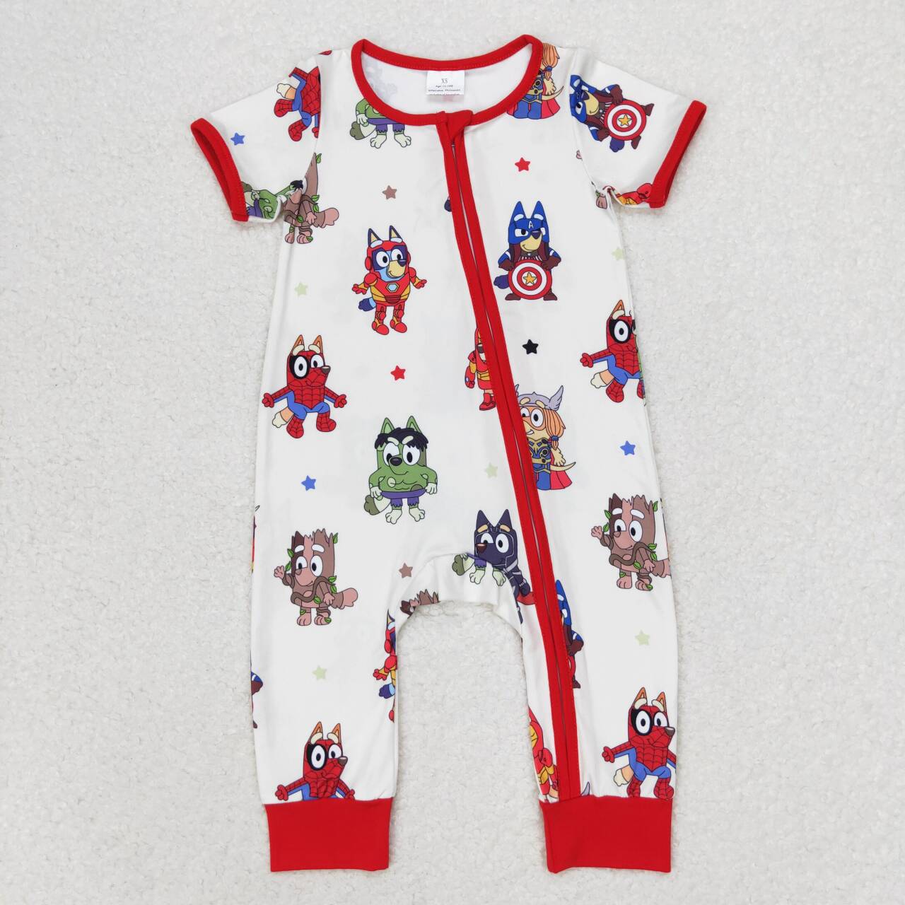 SR1792 Cartoon Dog Hero Print Baby Boys Summer Sleeper Zipper Romper