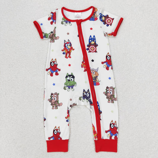 SR1792 Cartoon Dog Hero Print Baby Boys Summer Sleeper Zipper Romper