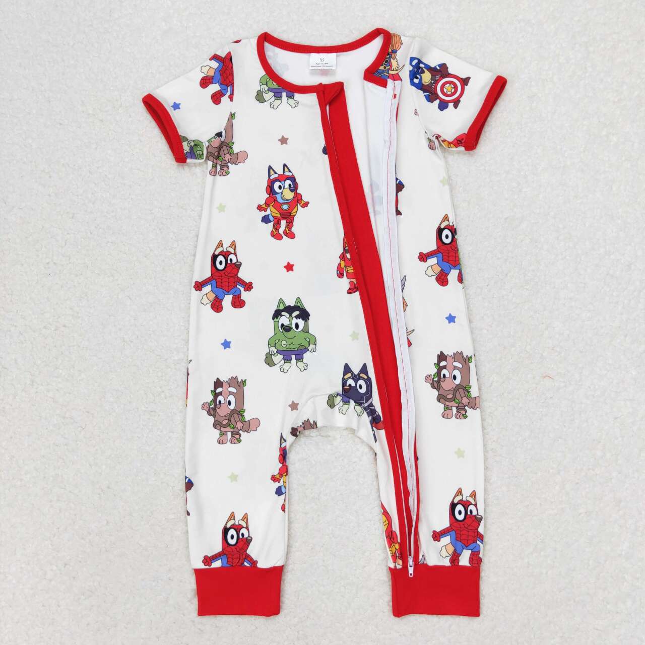 SR1792 Cartoon Dog Hero Print Baby Boys Summer Sleeper Zipper Romper
