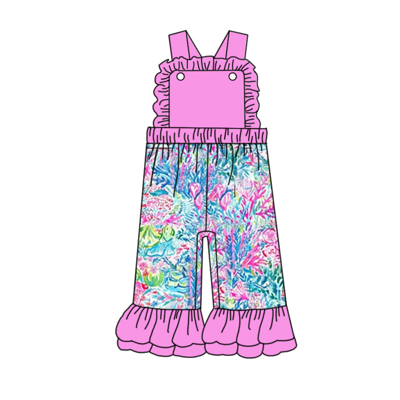 (Pre-order)SR1806 Colorful Water Flowers Seaweed Print Girls Summer Jumpsuits
