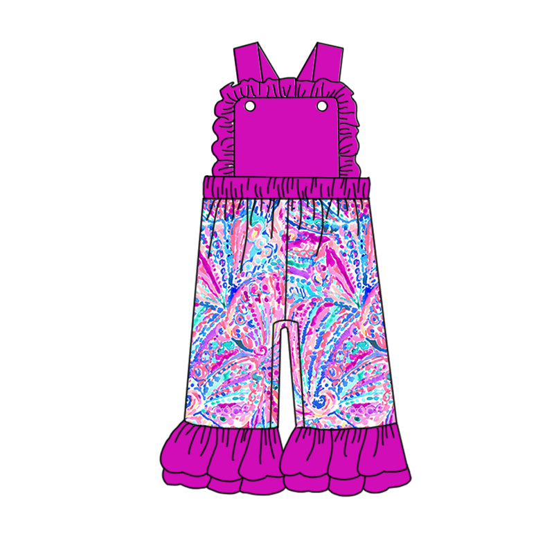 (Pre-order)SR1807 Purple Water Flowers Seaweed Print Girls Summer Jumpsuits