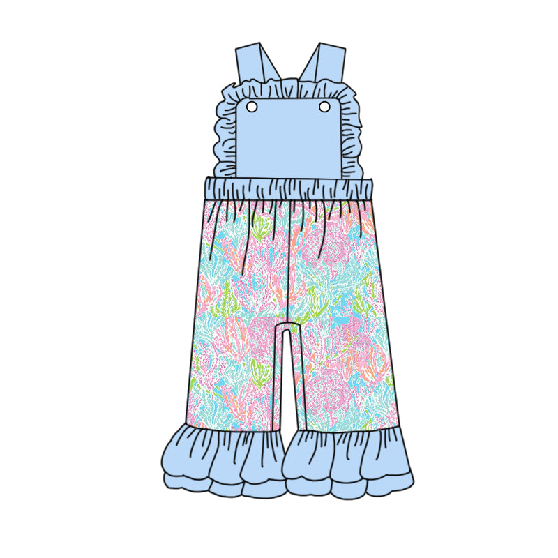 (Pre-order)SR1808 Blue Water Flowers Seaweed Print Girls Summer Jumpsuits