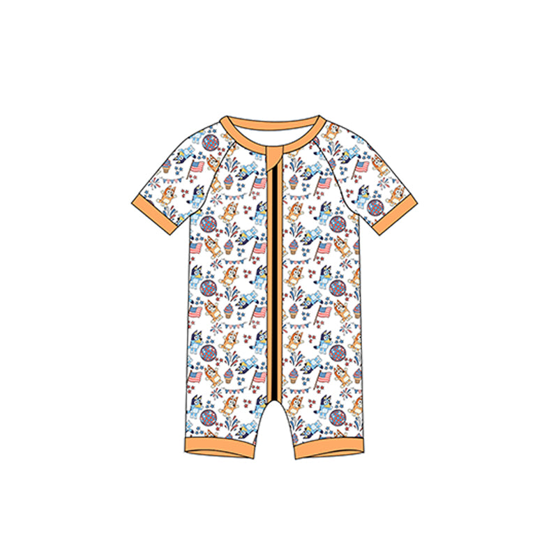 (Custom Design Preorder MOQ 5) Cartoon Dog Flag Disco Print Baby Boys 4th of July Sleeper Zipper Romper