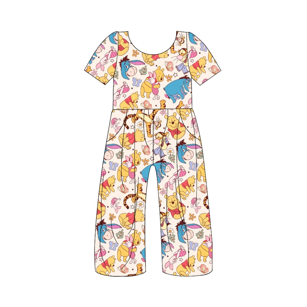 (Pre-order)SR1856 Cartoon Bear Print Girls Pockets Jumpsuits