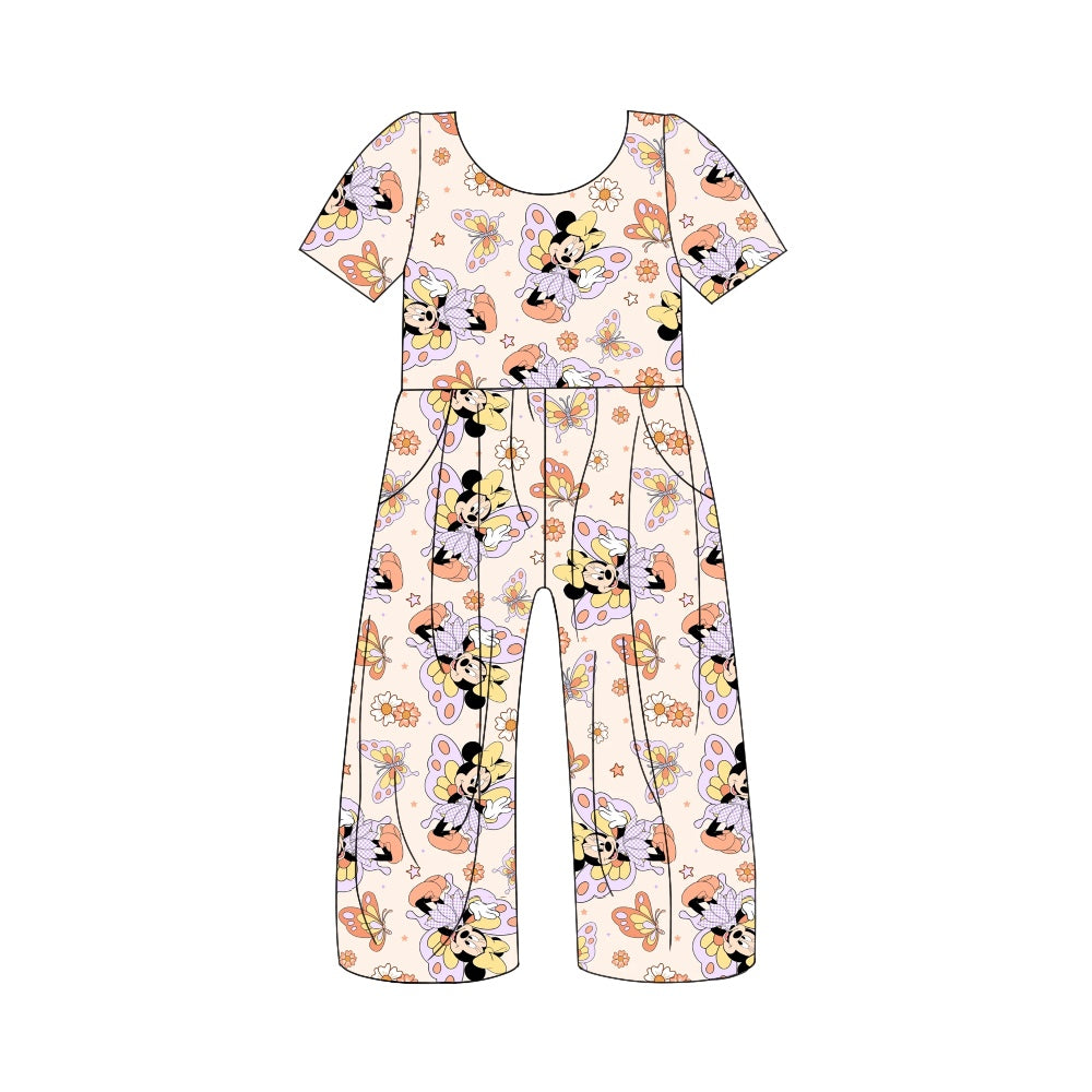 (Pre-order)SR1858 Cartoon Mouse Butterfly Print Girls Pockets Jumpsuits