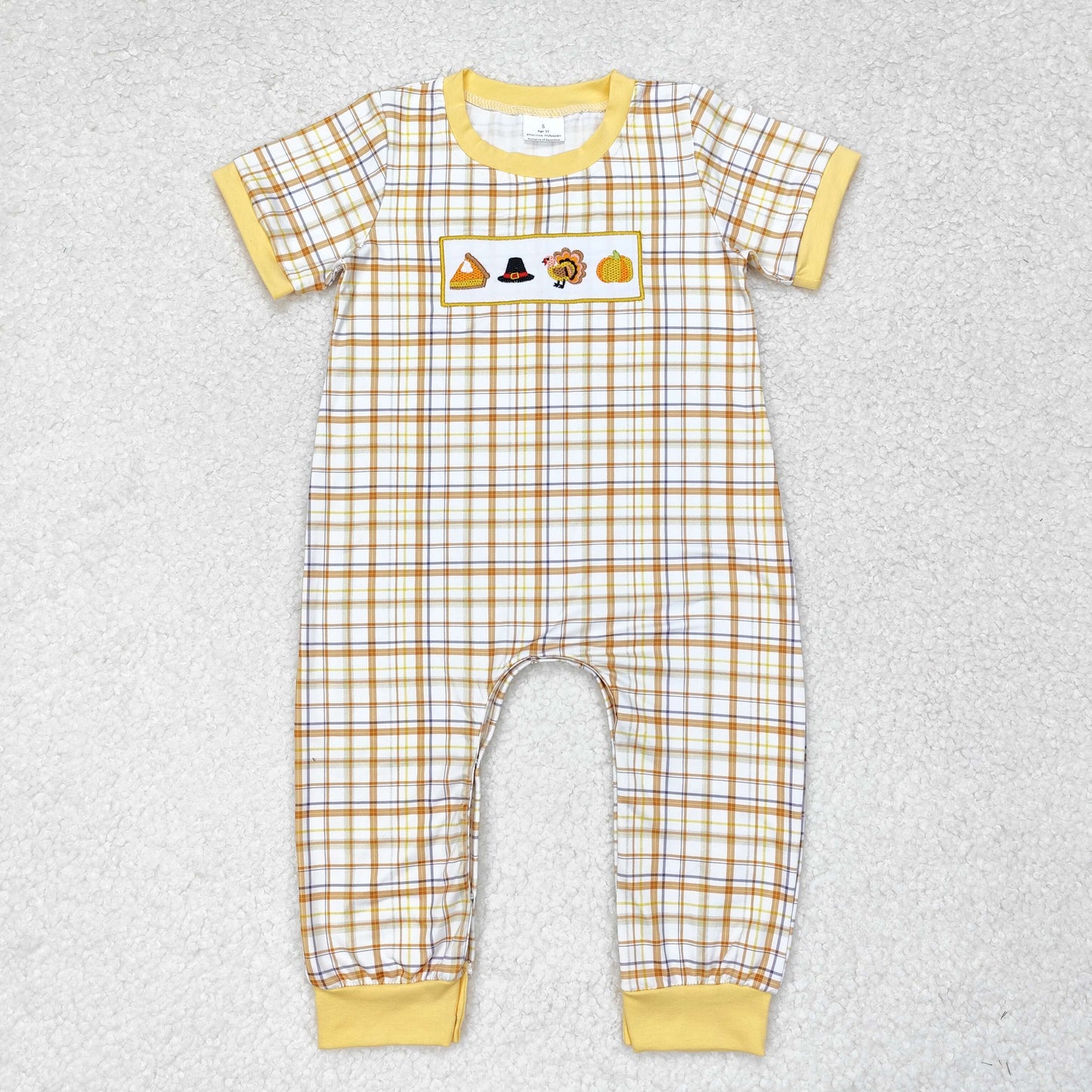 SR1869 Turkey Pumpkin Embroidery Plaid Print Baby Boys Thanksgiving Romper