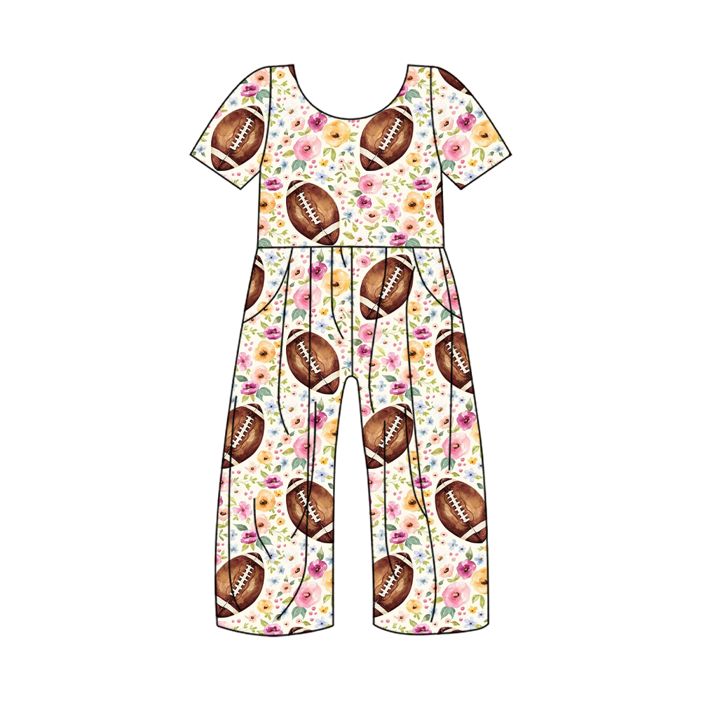 (Pre-order)SR1871 Football Flowers Print Girls Pockets Jumpsuits