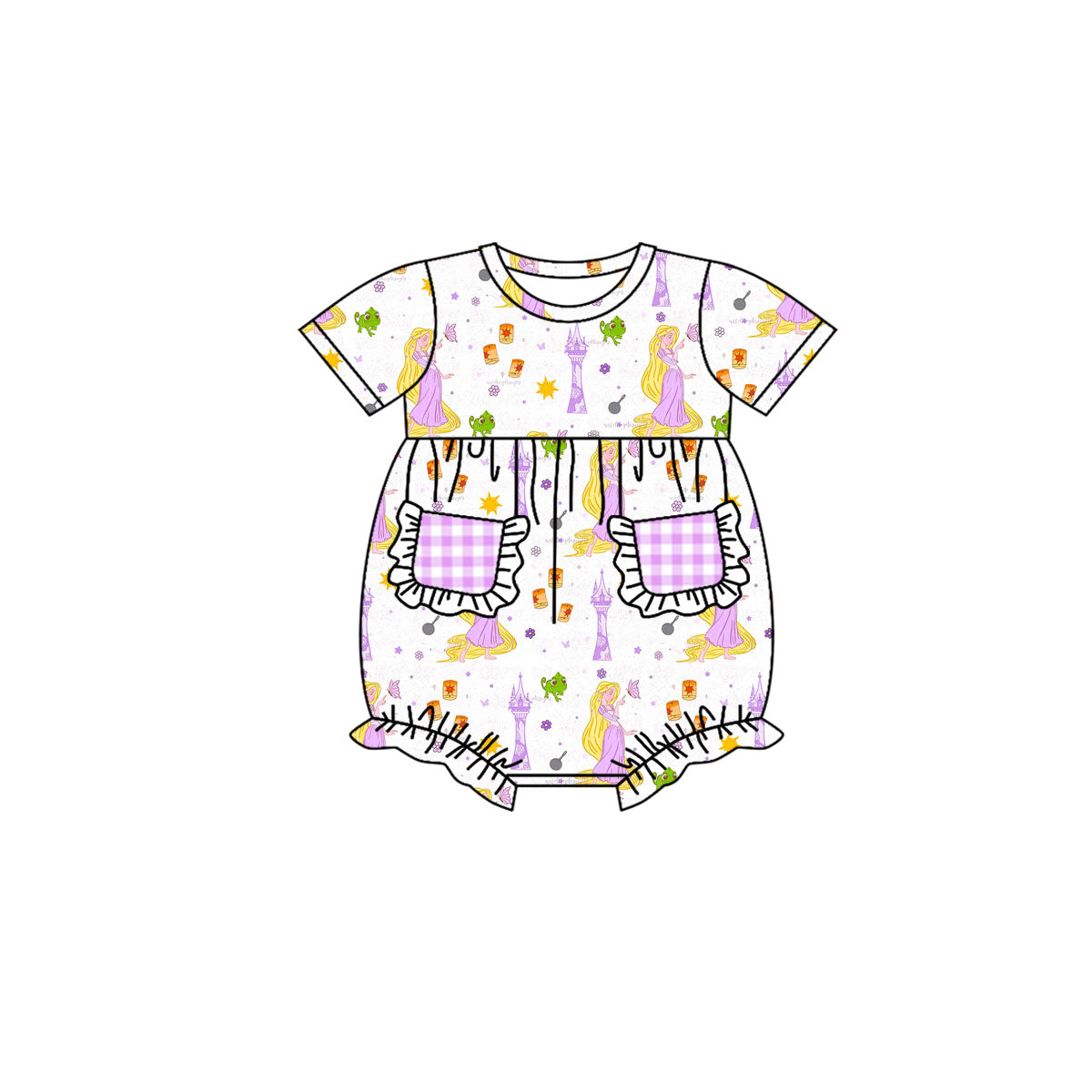 (Pre-order)SR1885 Cartoon Princess Frog Print Baby Girls Pockets Romper