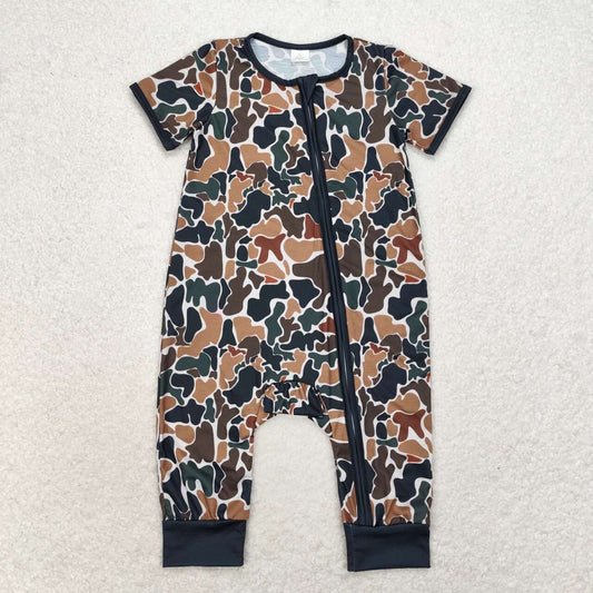 SR1899 Dark Green Brown Camo Print Baby Boys Bamboo Sleeper Zipper Romper