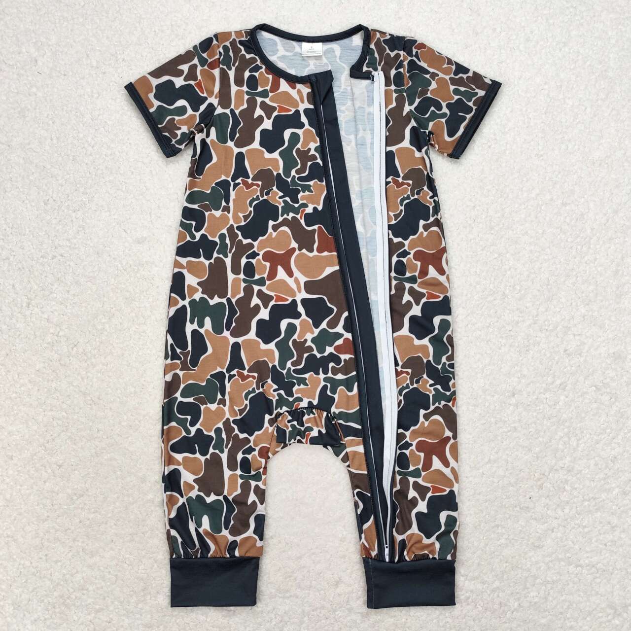 SR1899 Dark Green Brown Camo Print Baby Boys Bamboo Sleeper Zipper Romper