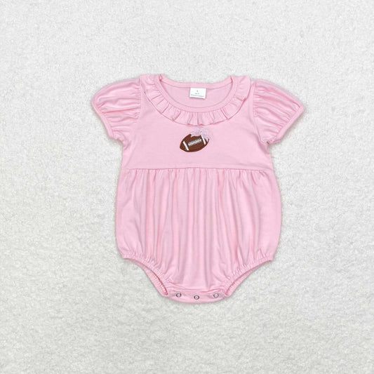 SR1945 Football Bow Embroidery Pink Color Baby Girls Summer Romper