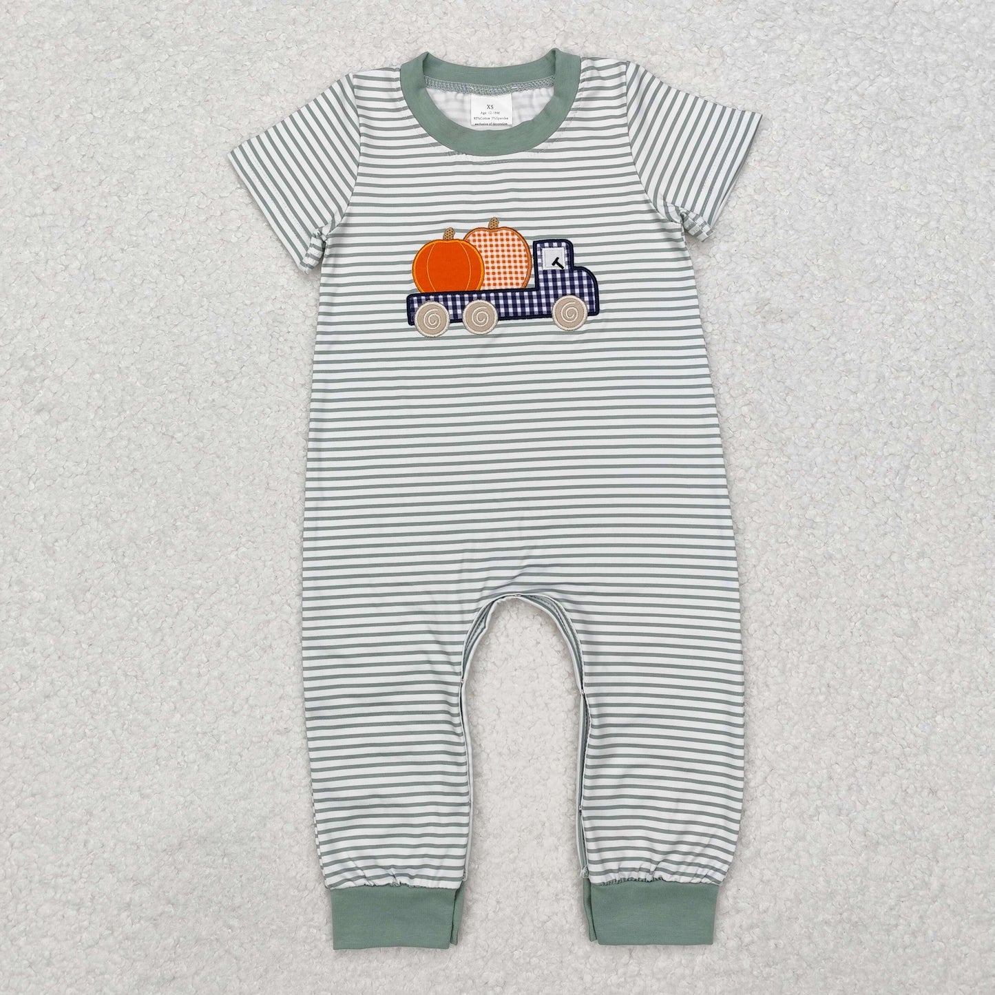 SR1958 Pumpkin Trucks Embroidery Stripes Print Baby Boys Fall Romper