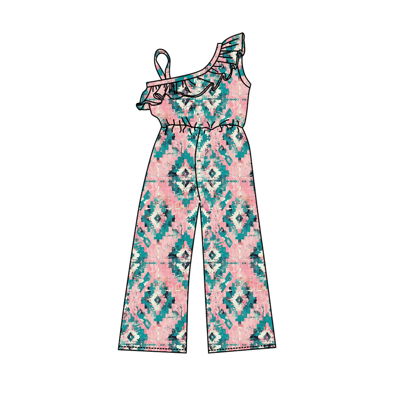 (Pre-order)SR1978 Pink Aztec Print Print Girls Western Jumpsuits