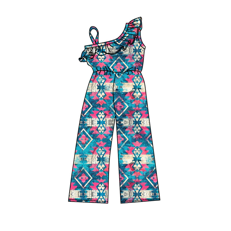 (Pre-order)SR1979 Hotpink Blue Aztec Print Girls Western Jumpsuits