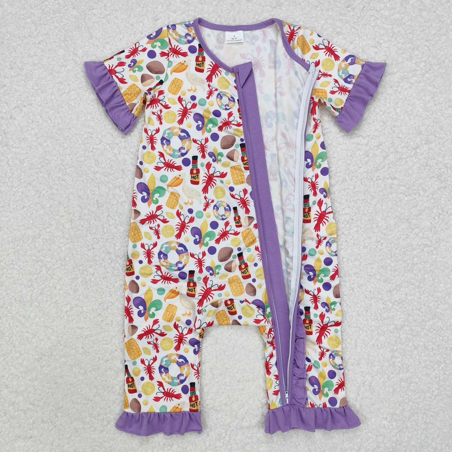 SR2019 Anchor Corn Crayfish Print Baby Girls Mardi Gras Sleeper Zipper Romper