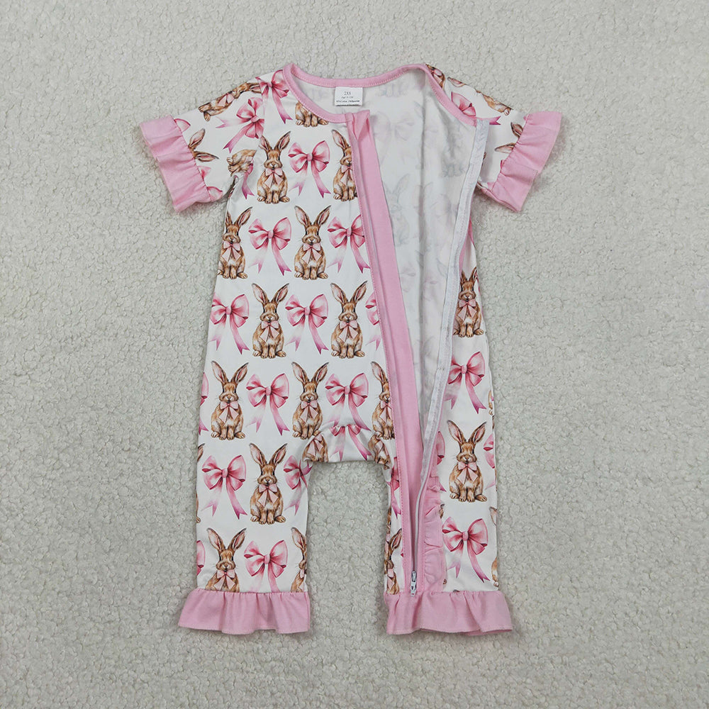 SR2020 Bunny Bows Print Baby Girls Easter Sleeper Zipper Romper