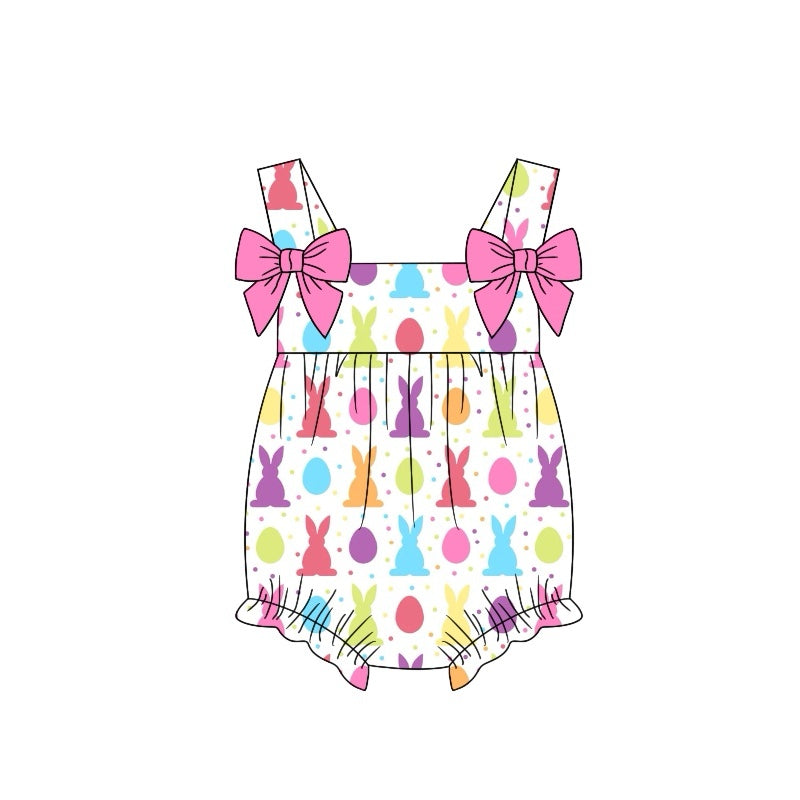 (Pre-order)SR2025 Colorful Bunny Eggs Print Baby Girls Easter Romper