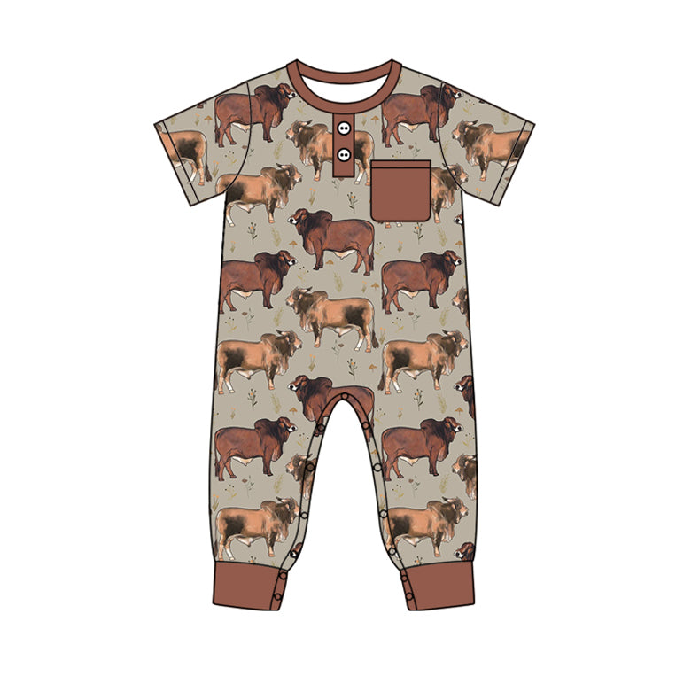 (Pre-order)SR2039 Highland Cow Brown Print Baby Boys Pocket Romper