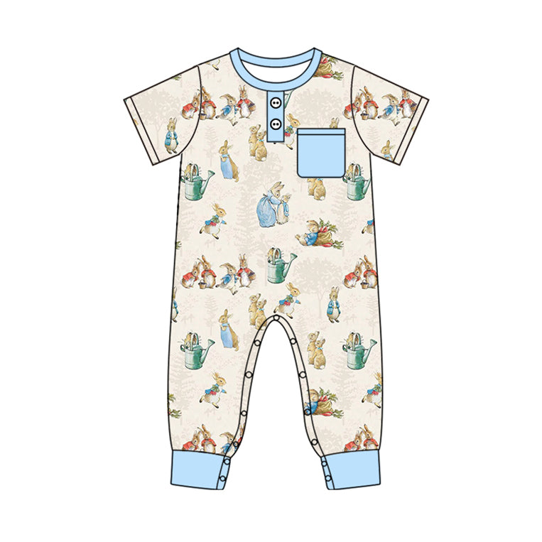 (Pre-order)SR2043 Cartoon Bunny Print Baby Boys Pocket Easter Romper