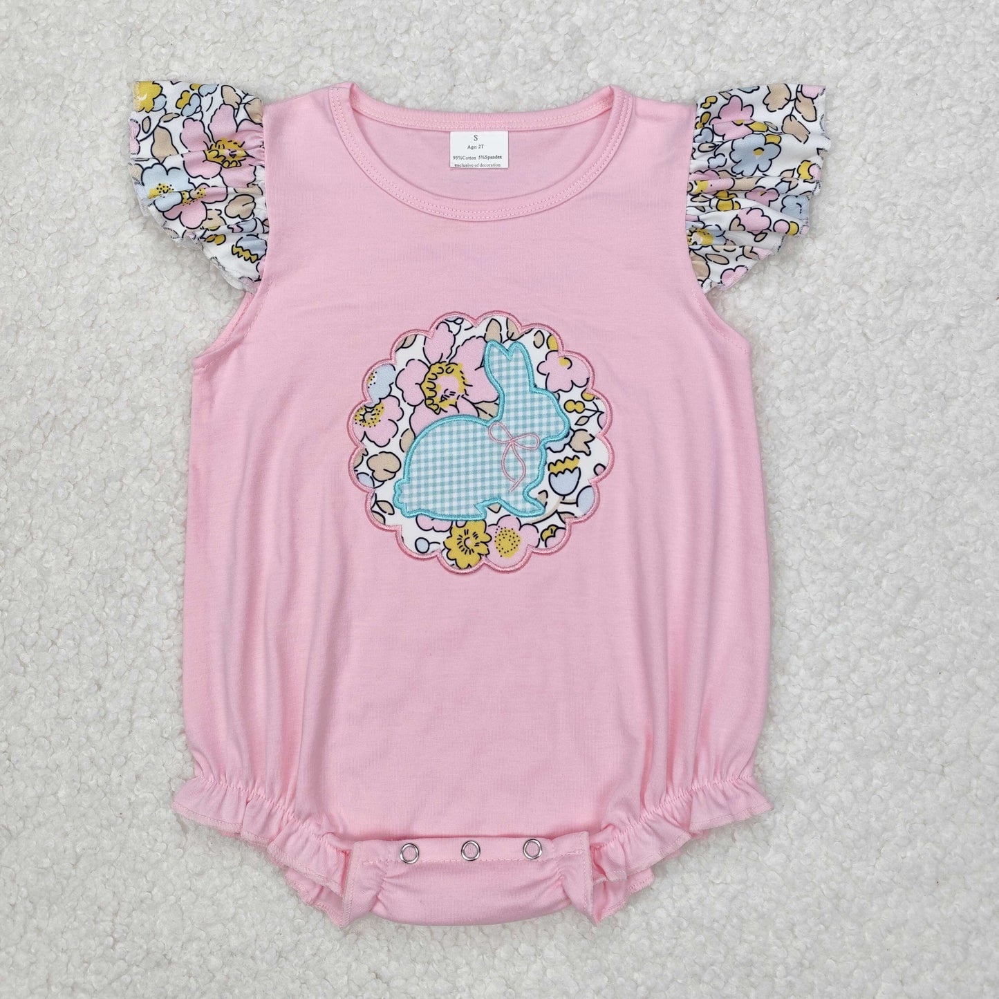 SR2054 Bunny Flowers Embroidery Pink Baby Girls Easter Romper