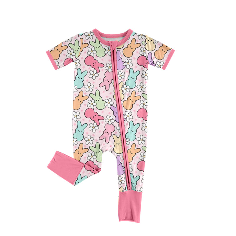 (Pre-order)SR2059 Colorful Bunny Flowers Print Baby Girls Easter Sleeper Zipper Romper