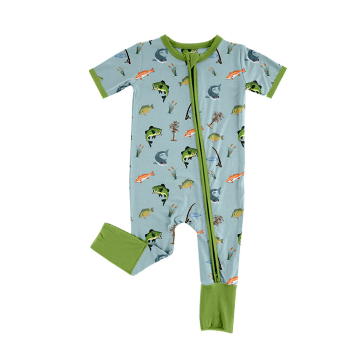 (Pre-order)SR2064 Fishing Green Print Baby Boys Sleeper Zipper Romper