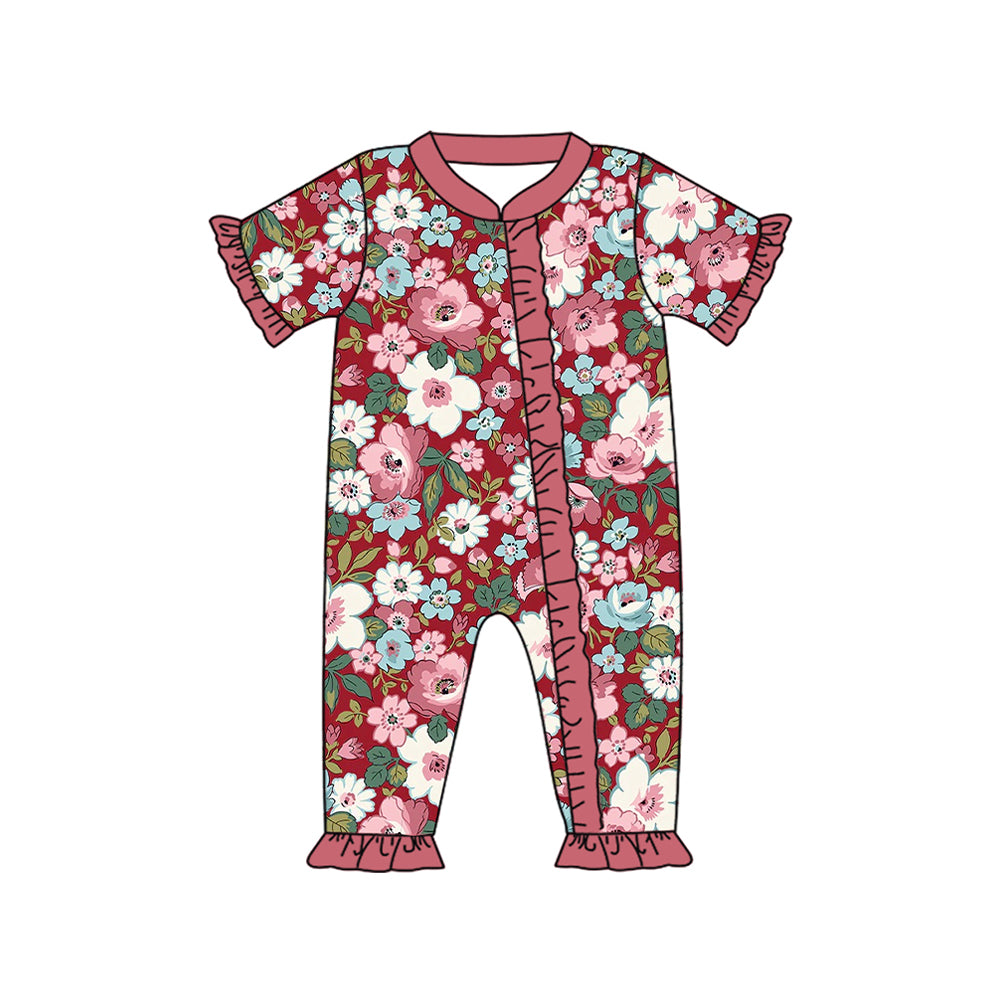 (Pre-order)SR2067 Flowers Red Print Baby Girls Sleeper Zipper Romper