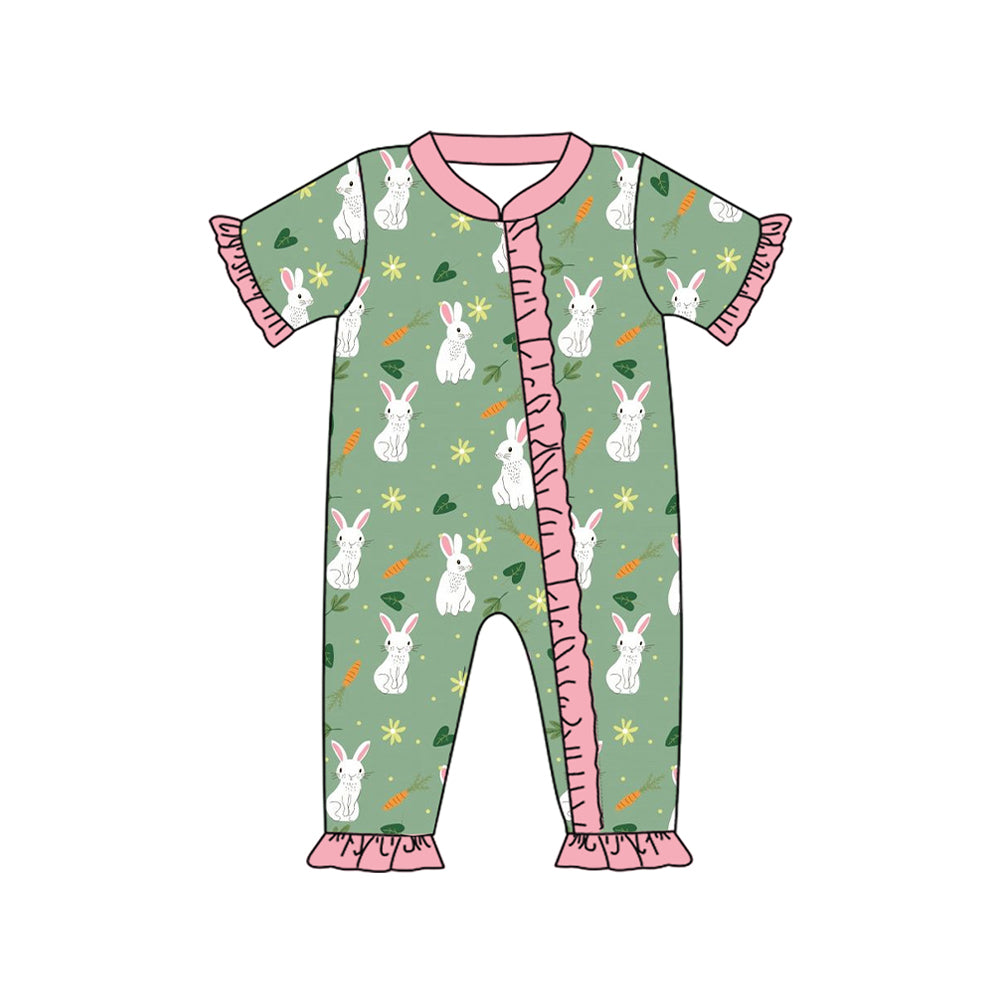 (Pre-order)SR2070 Bunny Carrot Print Baby Girls Easter Sleeper Zipper Romper