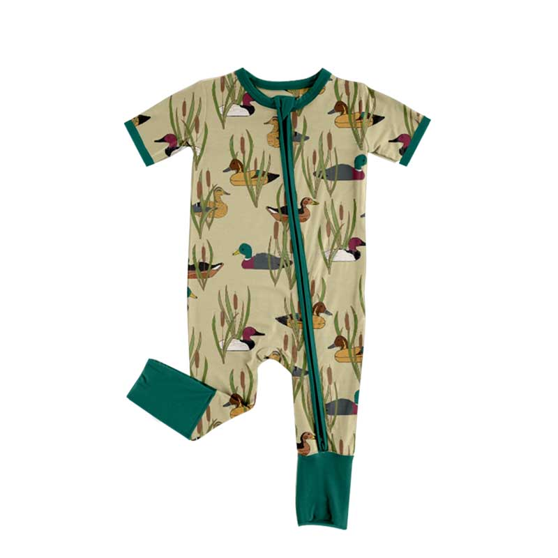 (Pre-order)SR2083 Duck Green Print Baby Boys Sleeper Zipper Romper