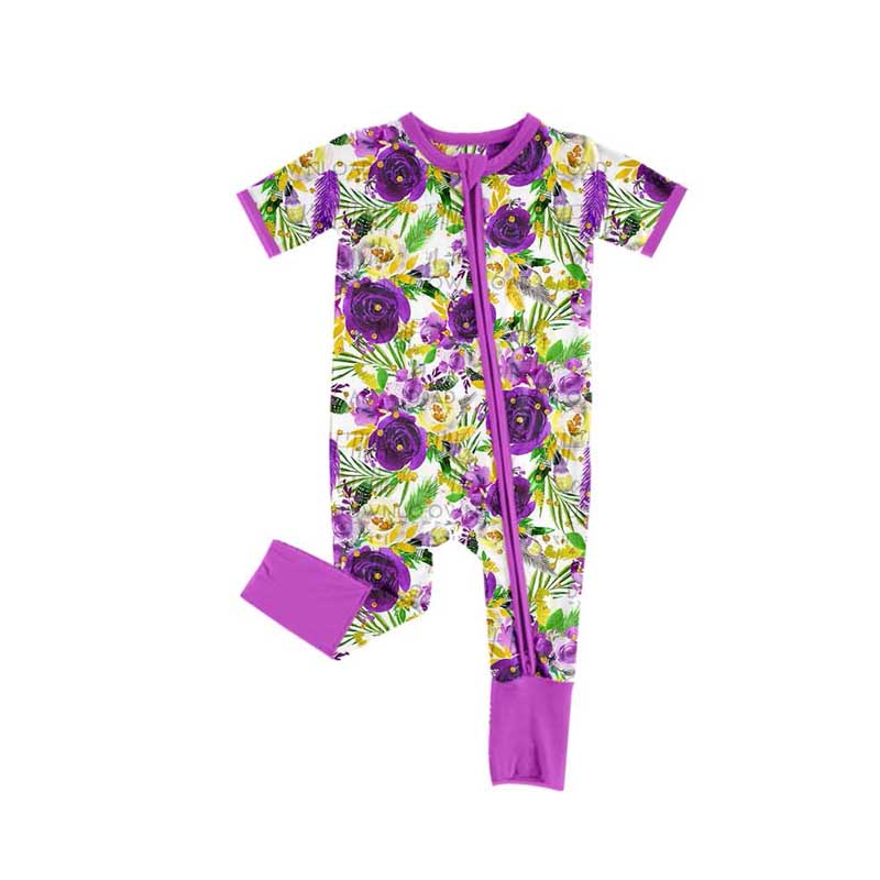(Pre-order)SR2087 Purple Yellow Flowers Print Baby Girls Sleeper Zipper Romper