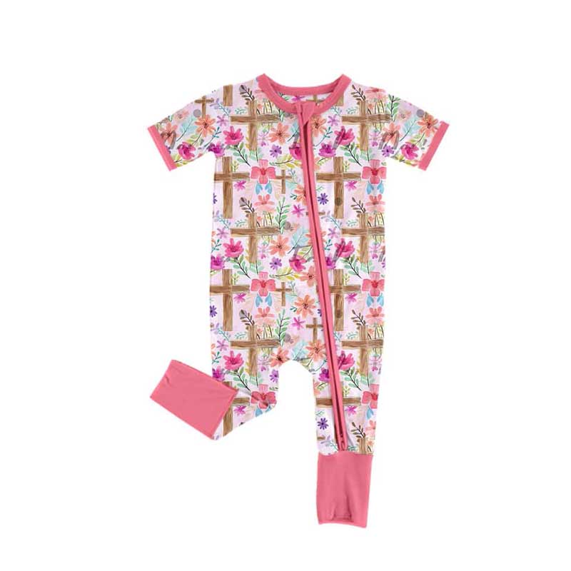 (Pre-order)SR2089 Flowers Cross Print Baby Girls Easter Sleeper Zipper Romper