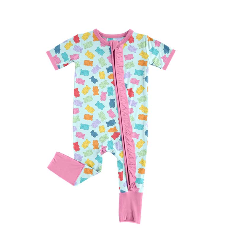 (Pre-order)SR2091 Colorful Bear Print Baby Girls Sleeper Zipper Romper