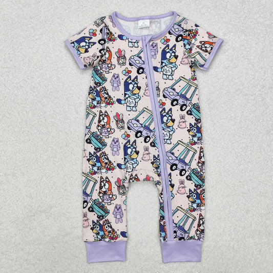 SR2095 Cartoon Dog Purple Print Baby Girls Easter Sleeper Zipper Romper