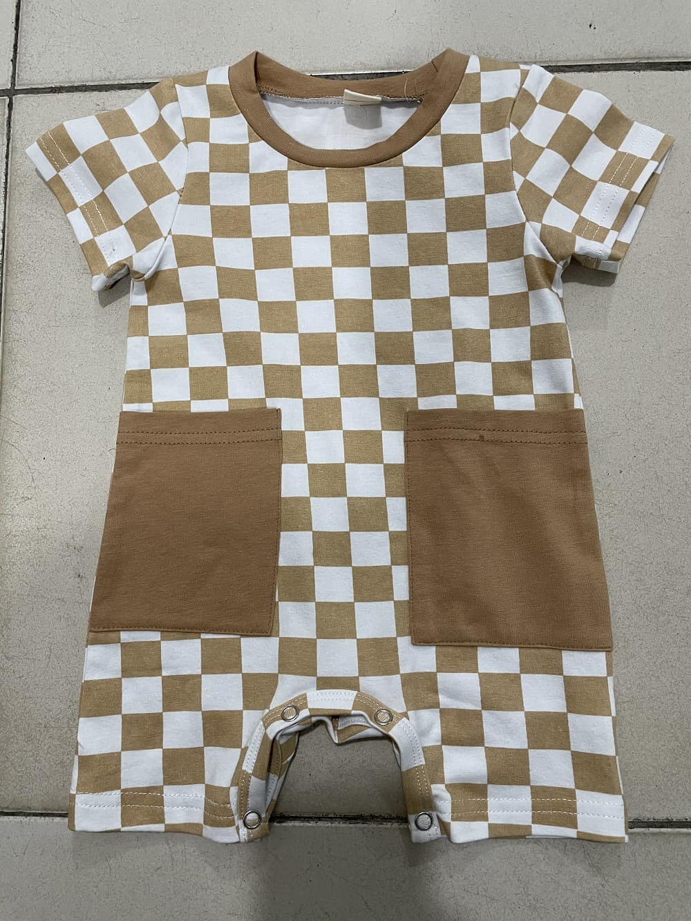 (Pre-order)SR2098 Brown Plaid Print Pockets Baby Boys Summer Romper