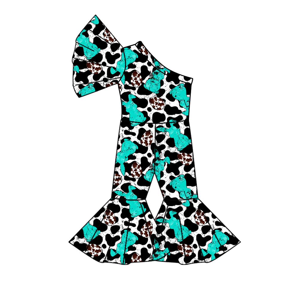 (Pre-order)SR2116 Bunny Eggs Turquoise Print Girls Easter Western Jumpsuits
