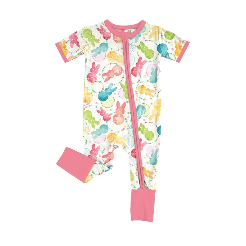 (Pre-order)SR2122 Colorful Bunny Print Baby Girls Easter Sleeper Zipper Romper